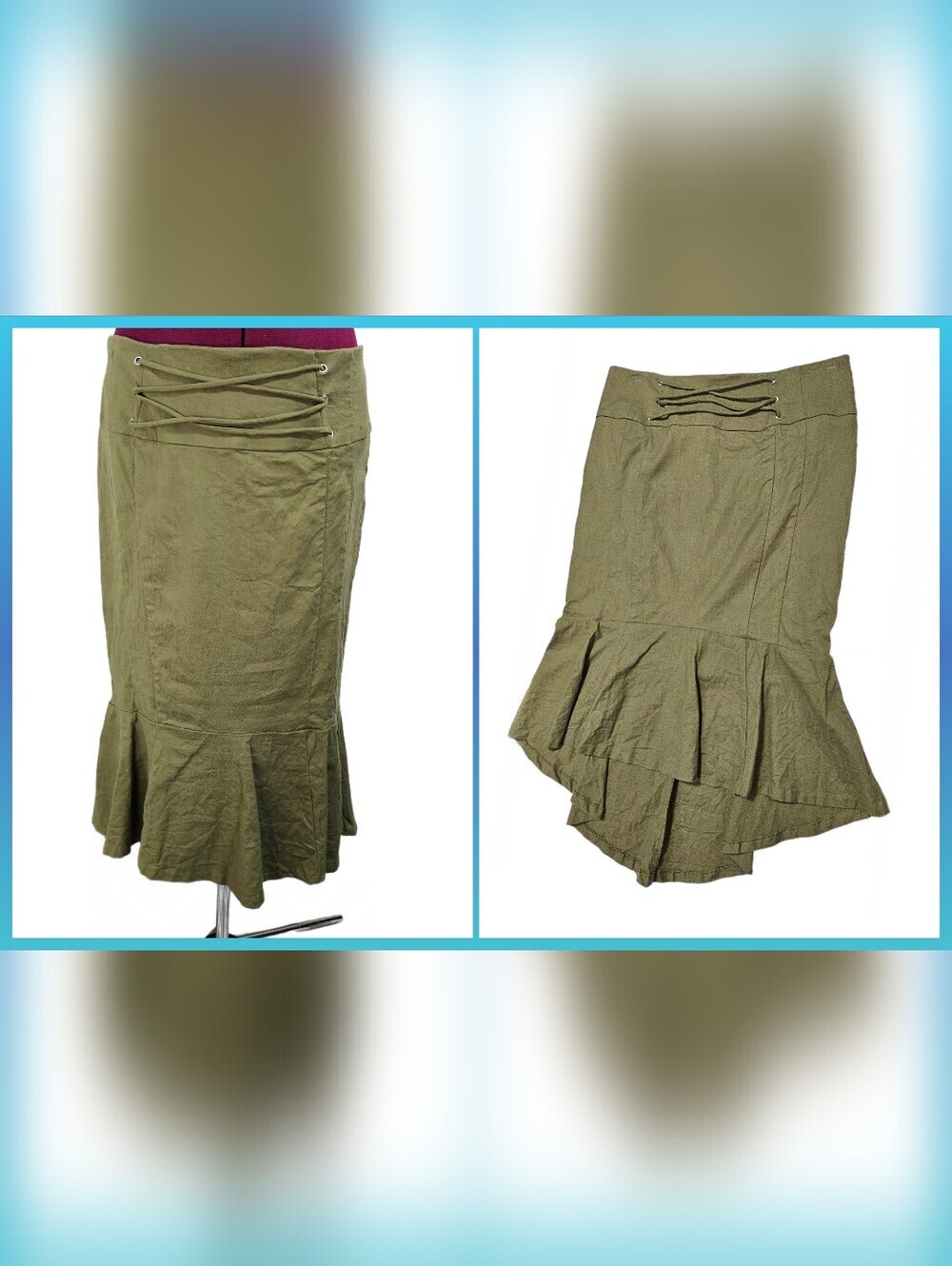 Olive Green High-Low Hem Trumpet Fishtail Ruffle Midi Skirt Lace-Up Detail